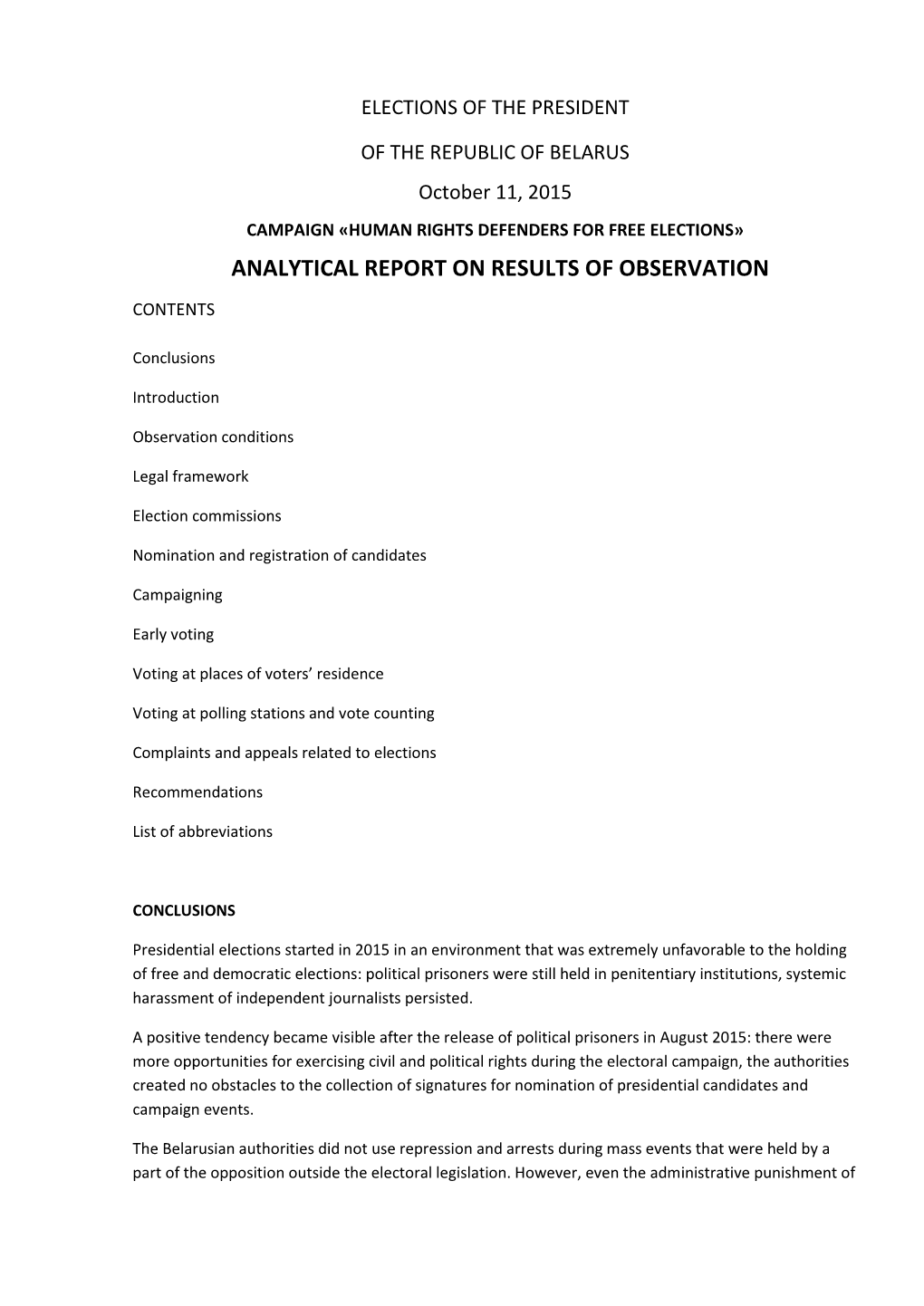 Analytical Report on Results of Observation