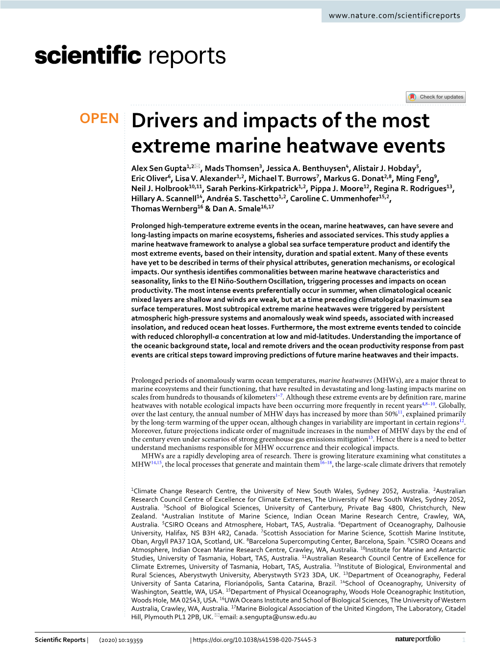 Drivers and Impacts of the Most Extreme Marine Heatwave Events Alex Sen Gupta1,2*, Mads Thomsen3, Jessica A