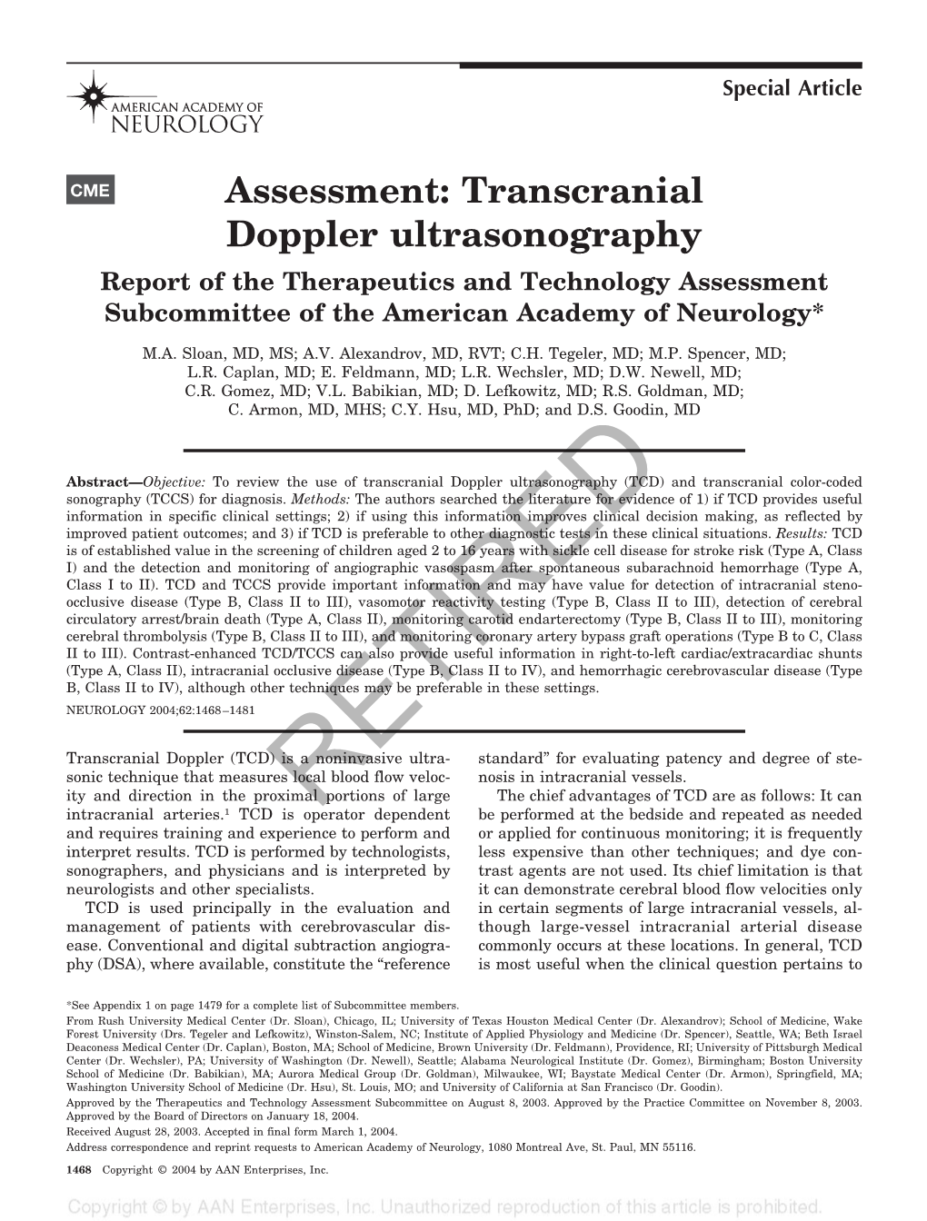 Transcranial Doppler Ultrasonography Report of the Therapeutics and Technology Assessment Subcommittee of the American Academy of Neurology*