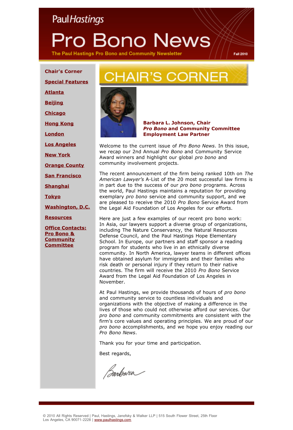 Pro Bono News - Fall 2010 - Chair's Corner