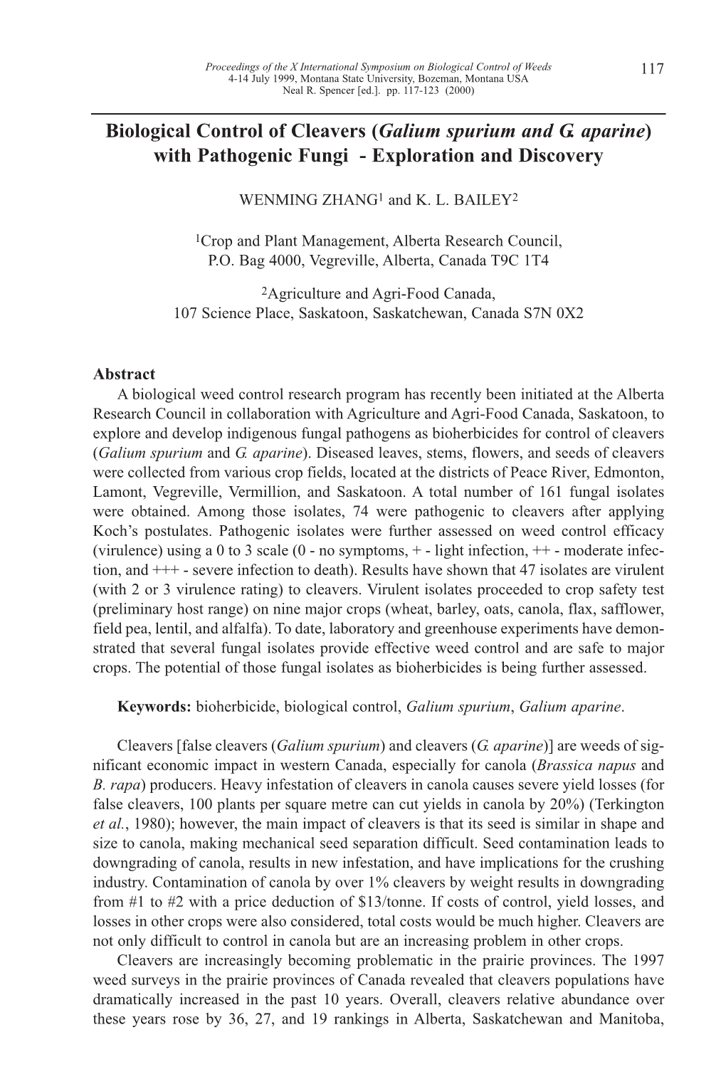 Biological Control of Cleavers (Galium Spurium and G. Aparine) with Pathogenic Fungi - Exploration and Discovery