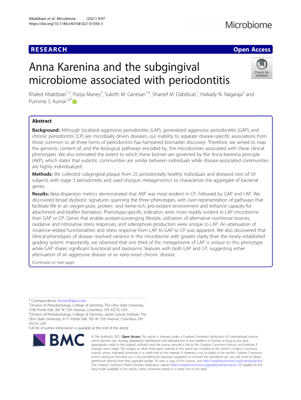 Anna Karenina and the Subgingival Microbiome Associated with Periodontitis Khaled Altabtbaei1,2, Pooja Maney3, Sukirth M