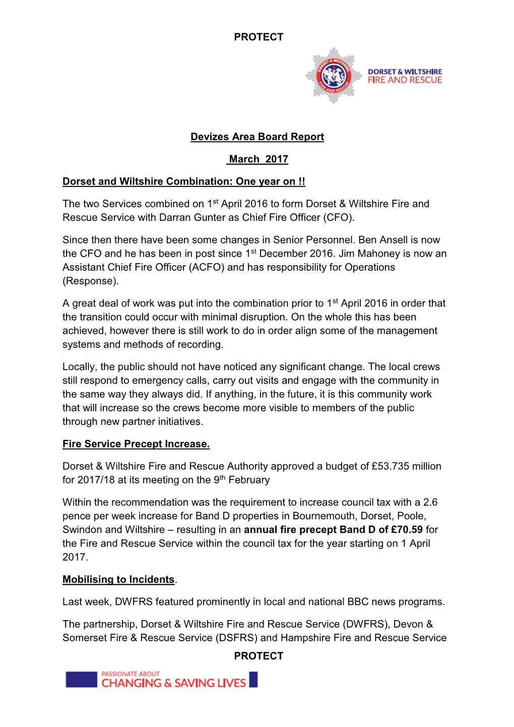 PROTECT PROTECT Devizes Area Board Report March 2017 Dorset