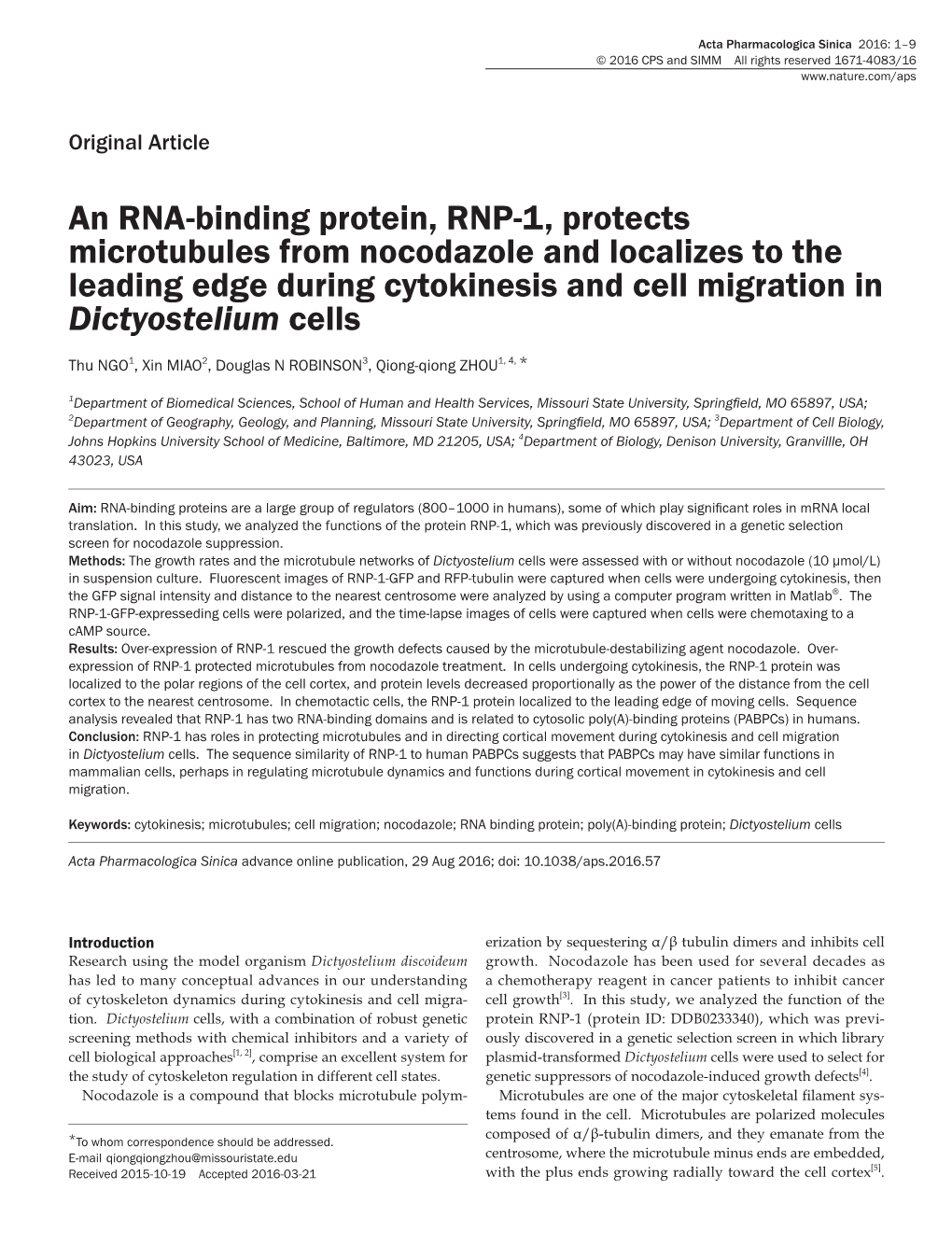 An RNA-Binding Protein, RNP-1, Protects Microtubules from Nocodazole and Localizes to the Leading Edge During Cytokinesis and Cell Migration in Dictyostelium Cells
