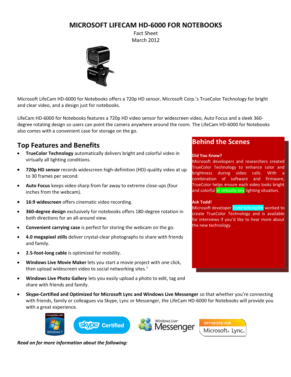 Microsoft Lifecam Hd-6000 for Notebooks