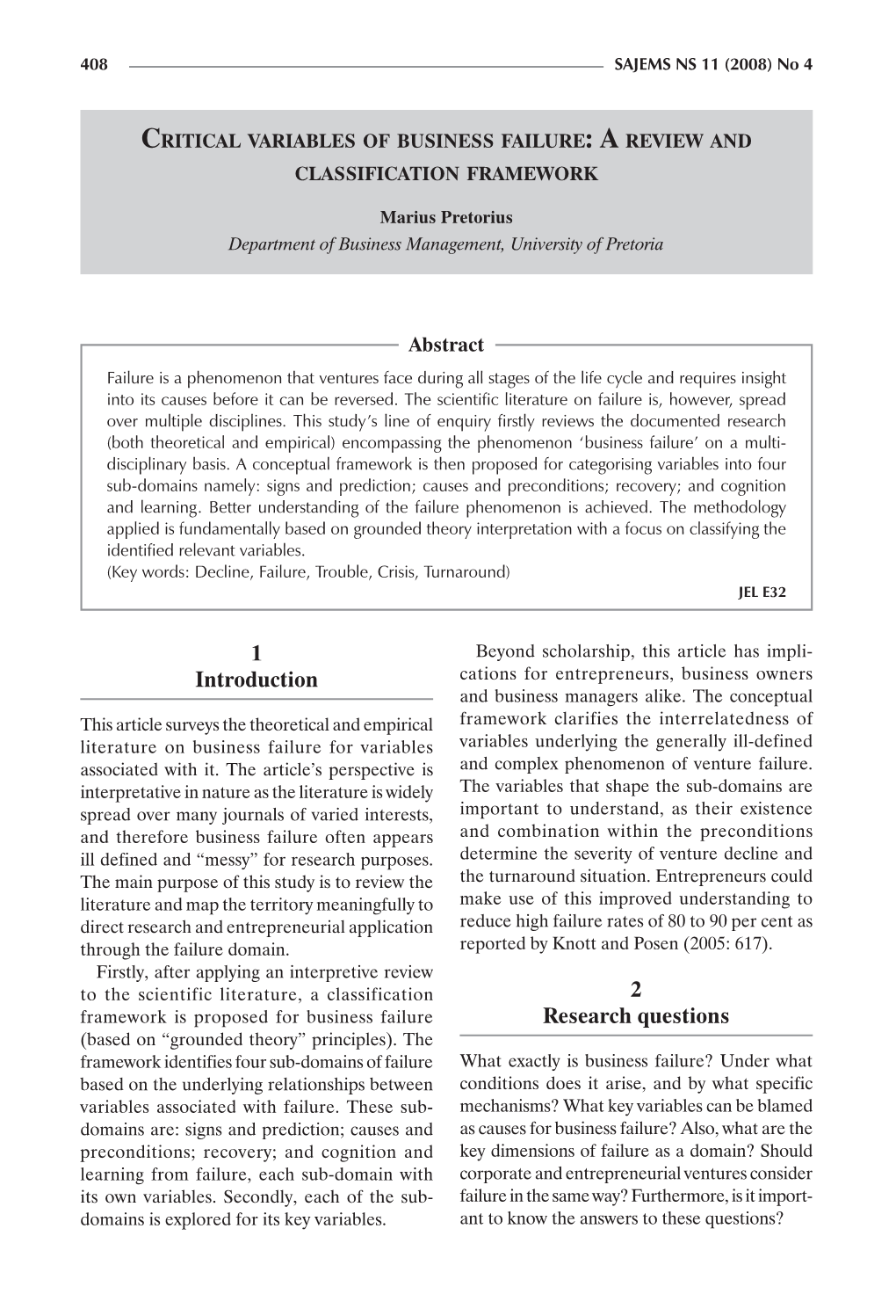 Critical Variables of Business Failure: a Review and Classification Framework