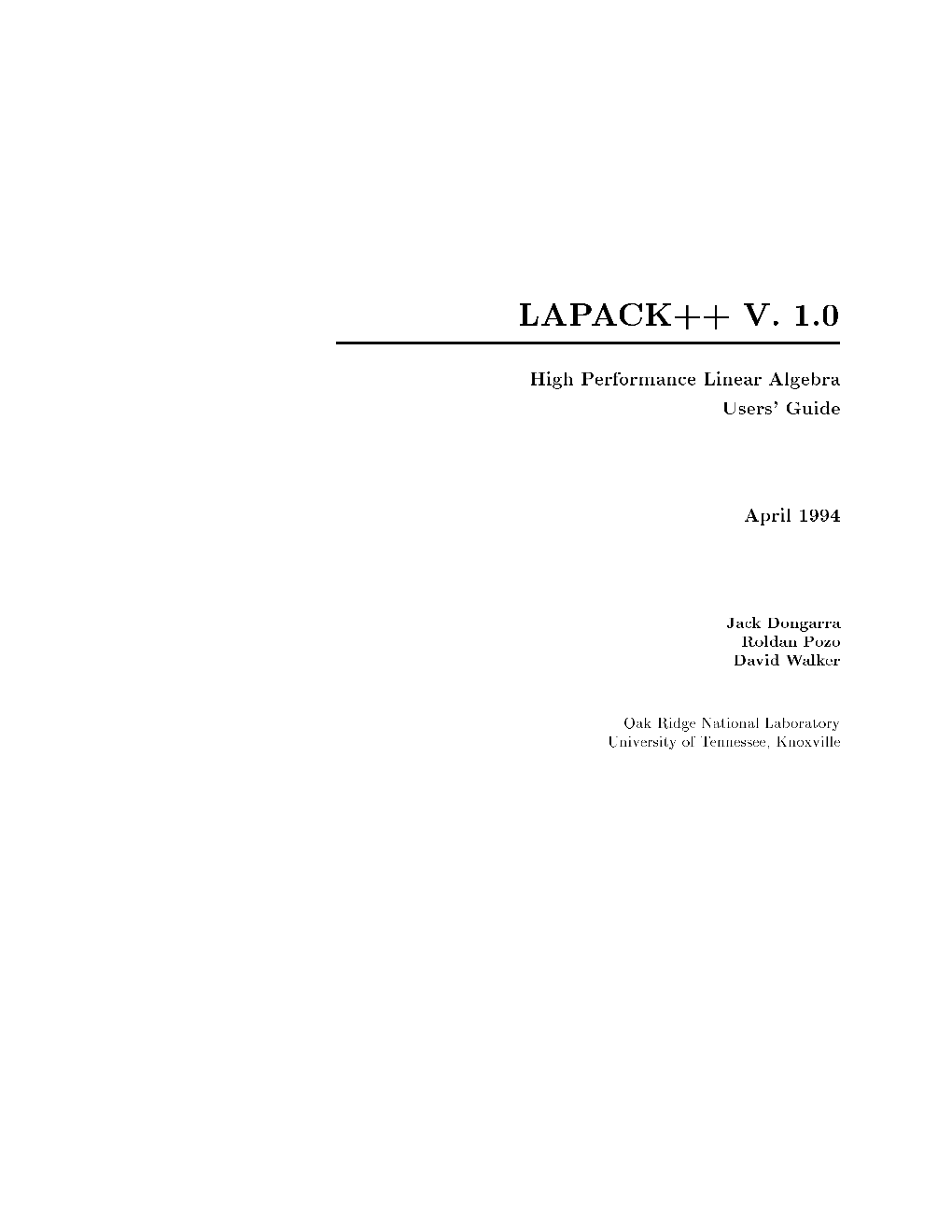 Lapack++ V. 1.0