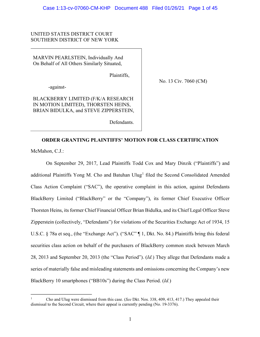 Class Certification Decision -- Pearlstein V. Blackberry Ltd