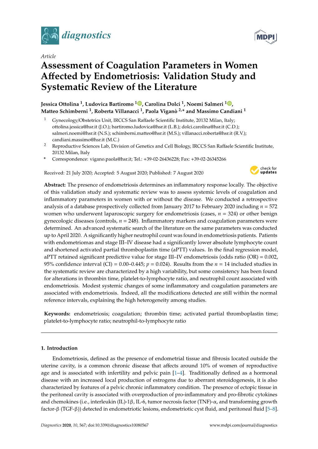 Assessment of Coagulation Parameters in Women Aﬀected by Endometriosis: Validation Study and Systematic Review of the Literature