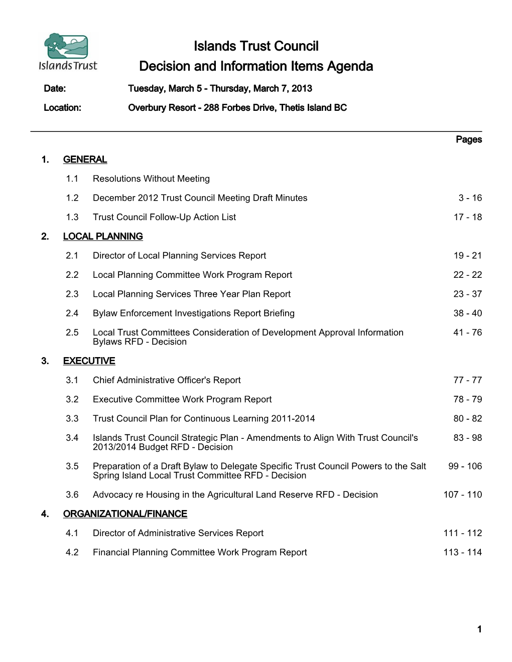 Islands Trust Council Decision and Information Items Agenda