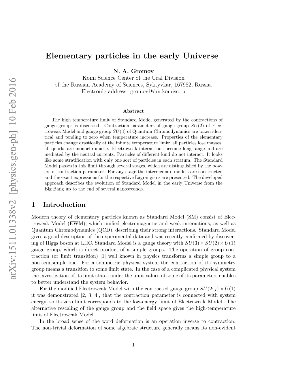 Elementary Particles in the Early Universe