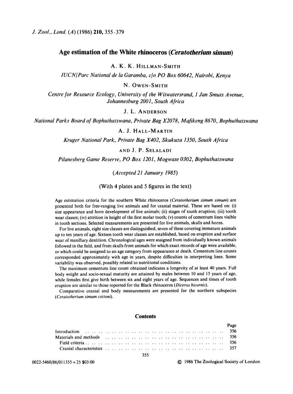 Age Estimation of the White Rhinoceros (Ceratotherhm Simum)