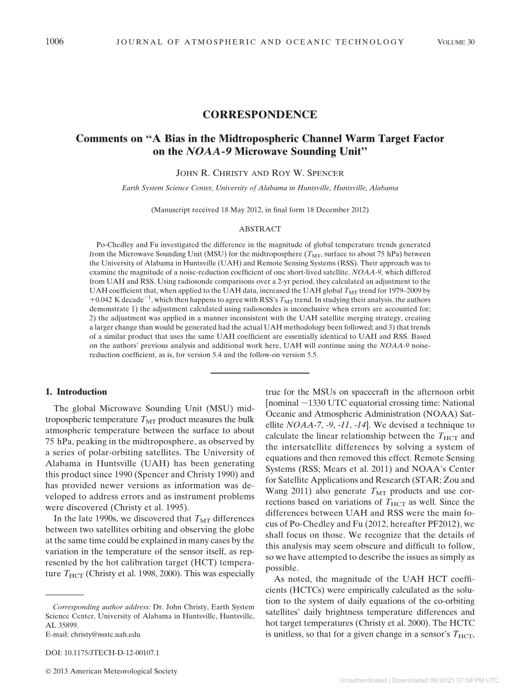 A Bias in the Midtropospheric Channel Warm Target Factor on the NOAA-9 Microwave Sounding Unit’’