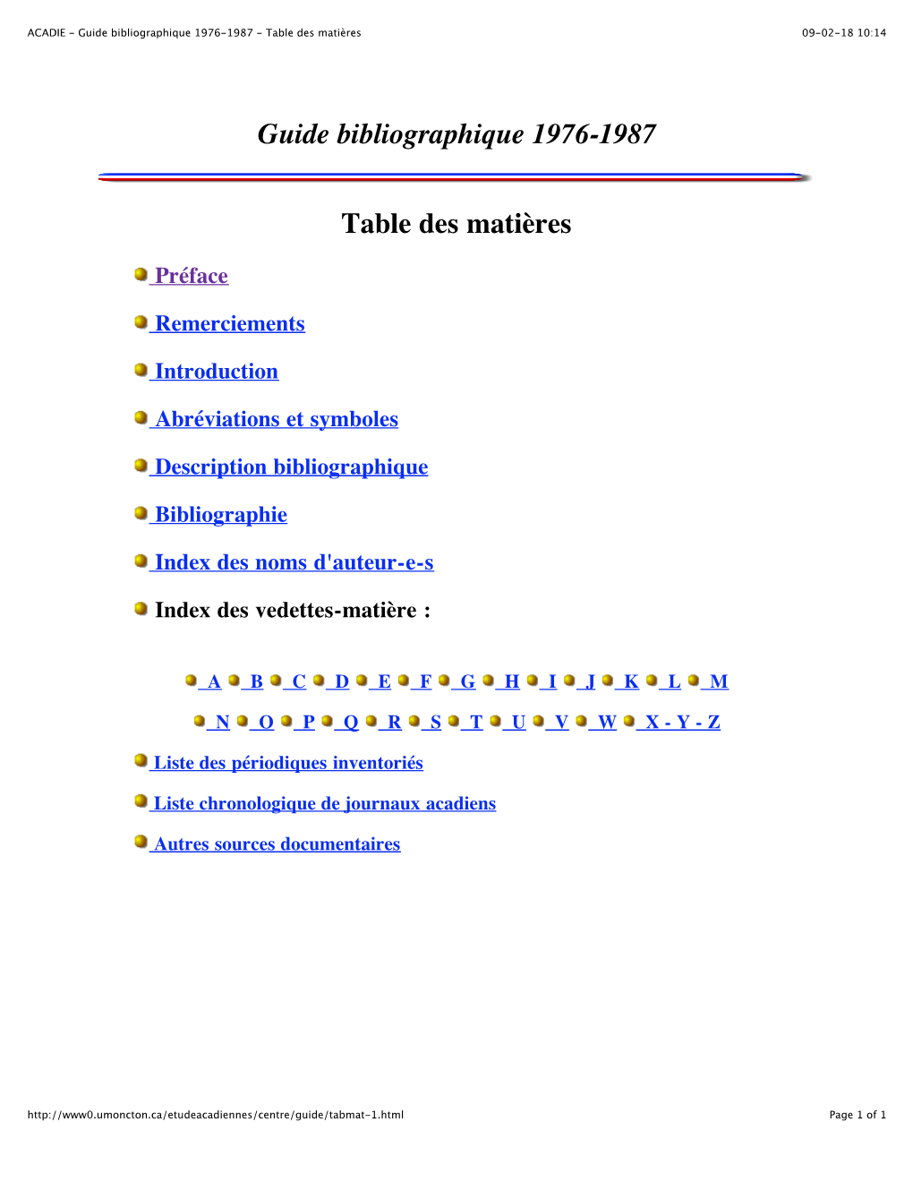 Guide Bibliographique 1976-1987 Table Des Matières