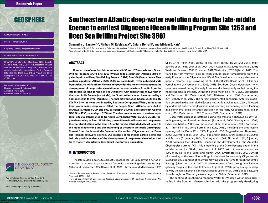 Southeastern Atlantic Deep-Water Evolution During the Late-Middle Eocene to Earliest Oligocene (Ocean Drilling Program Site 1263 and GEOSPHERE; V