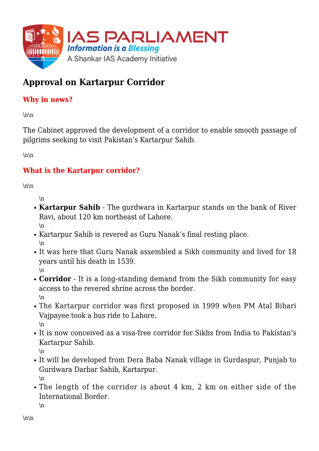 Approval on Kartarpur Corridor