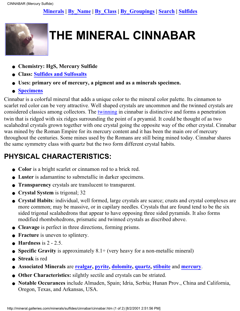 CINNABAR (Mercury Sulfide) Minerals | by Name | by Class | by Groupings | Search | Sulfides