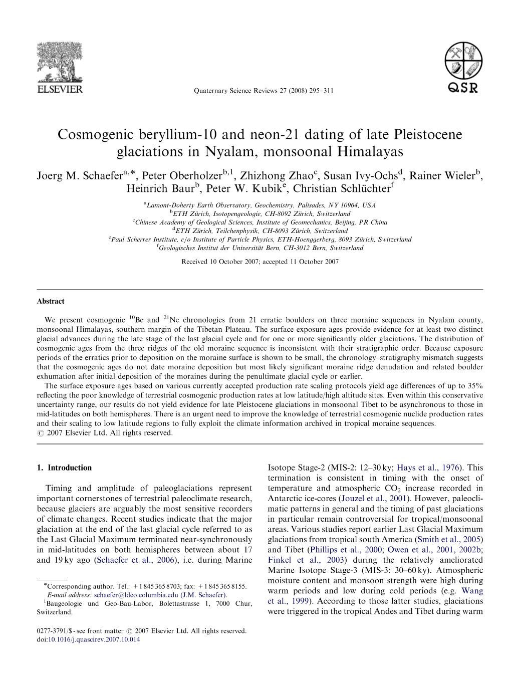 Cosmogenic Beryllium-10 and Neon-21 Dating of Late Pleistocene Glaciations in Nyalam, Monsoonal Himalayas