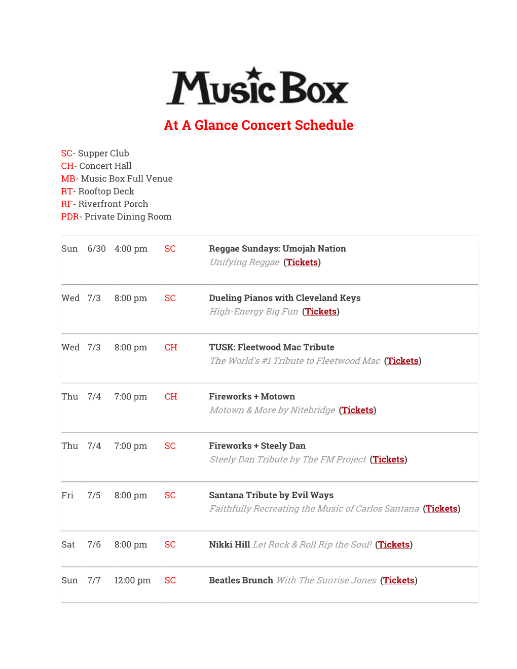 At a Glance Concert Schedule