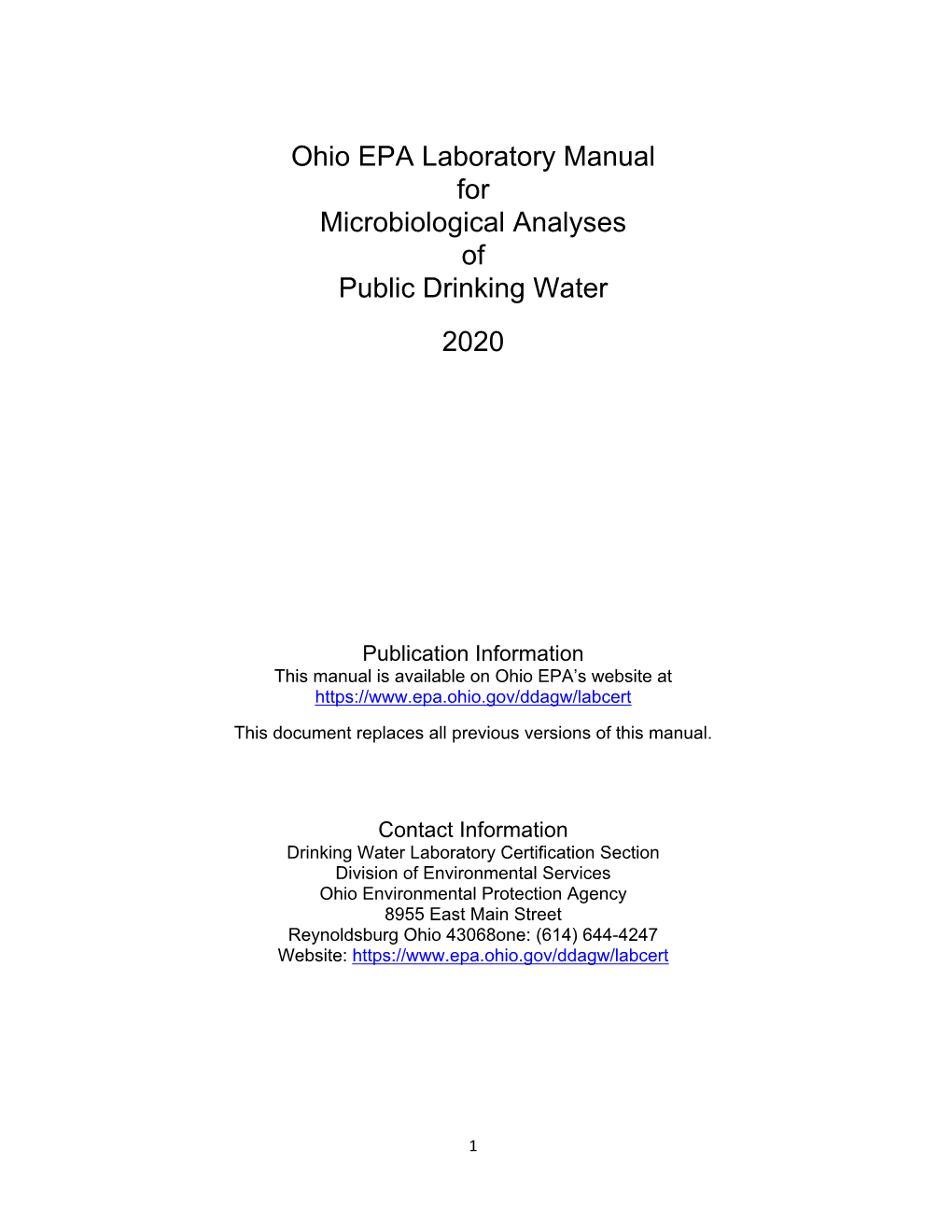 Ohio EPA Laboratory Manual for Microbiological Analyses of Public Drinking Water 2020