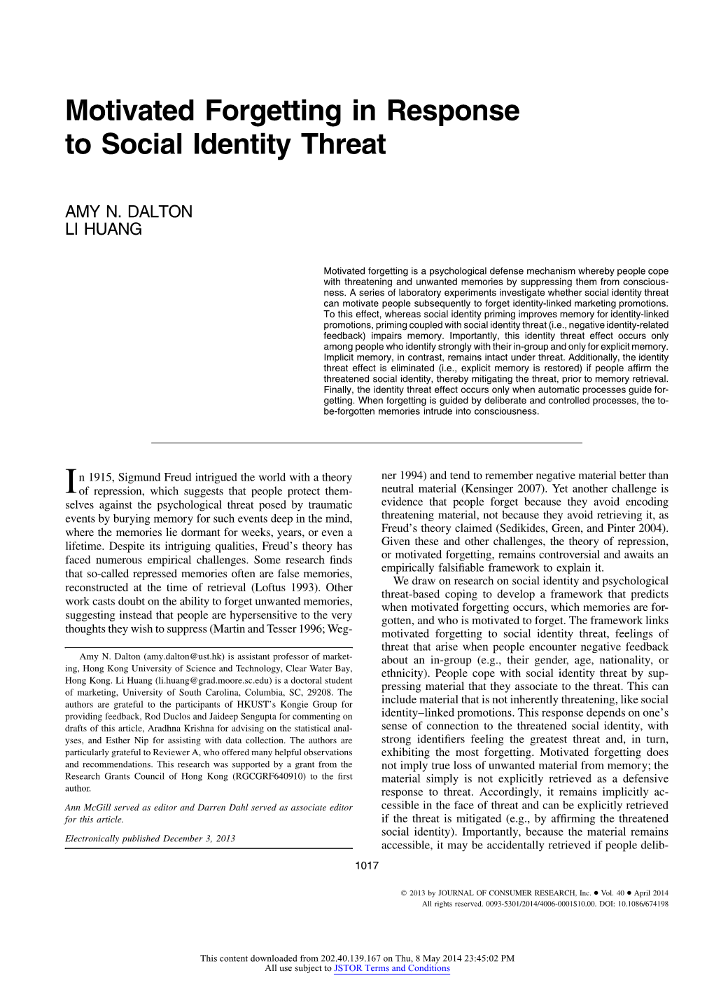 Motivated Forgetting in Response to Social Identity Threat