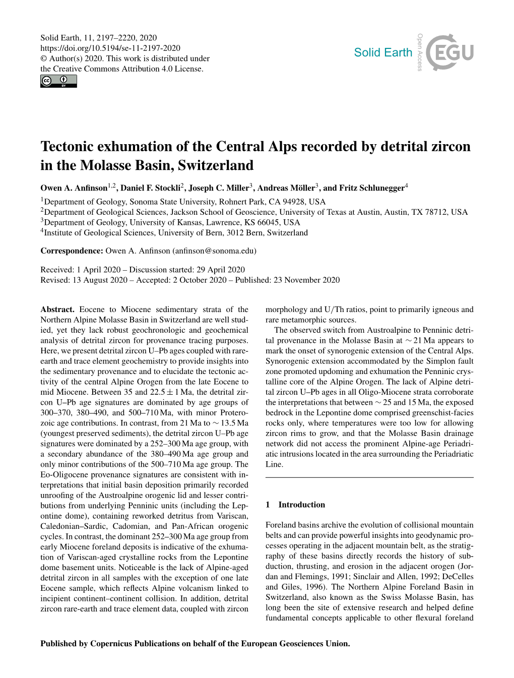 Tectonic Exhumation of the Central Alps Recorded by Detrital Zircon in the Molasse Basin, Switzerland