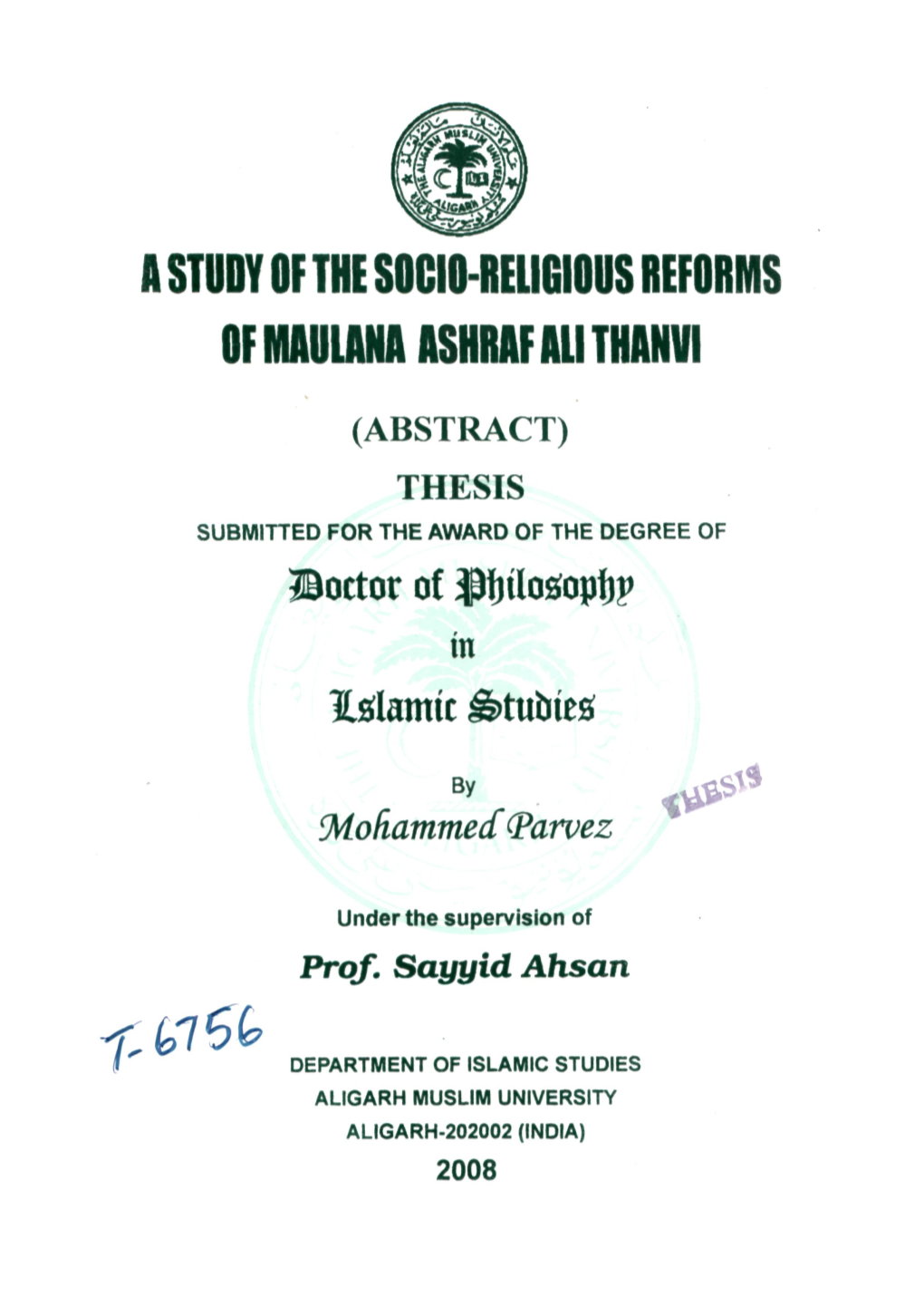 A Study of the Sogio-Reugious Reforms Ofmaulanaashrafalithanvi