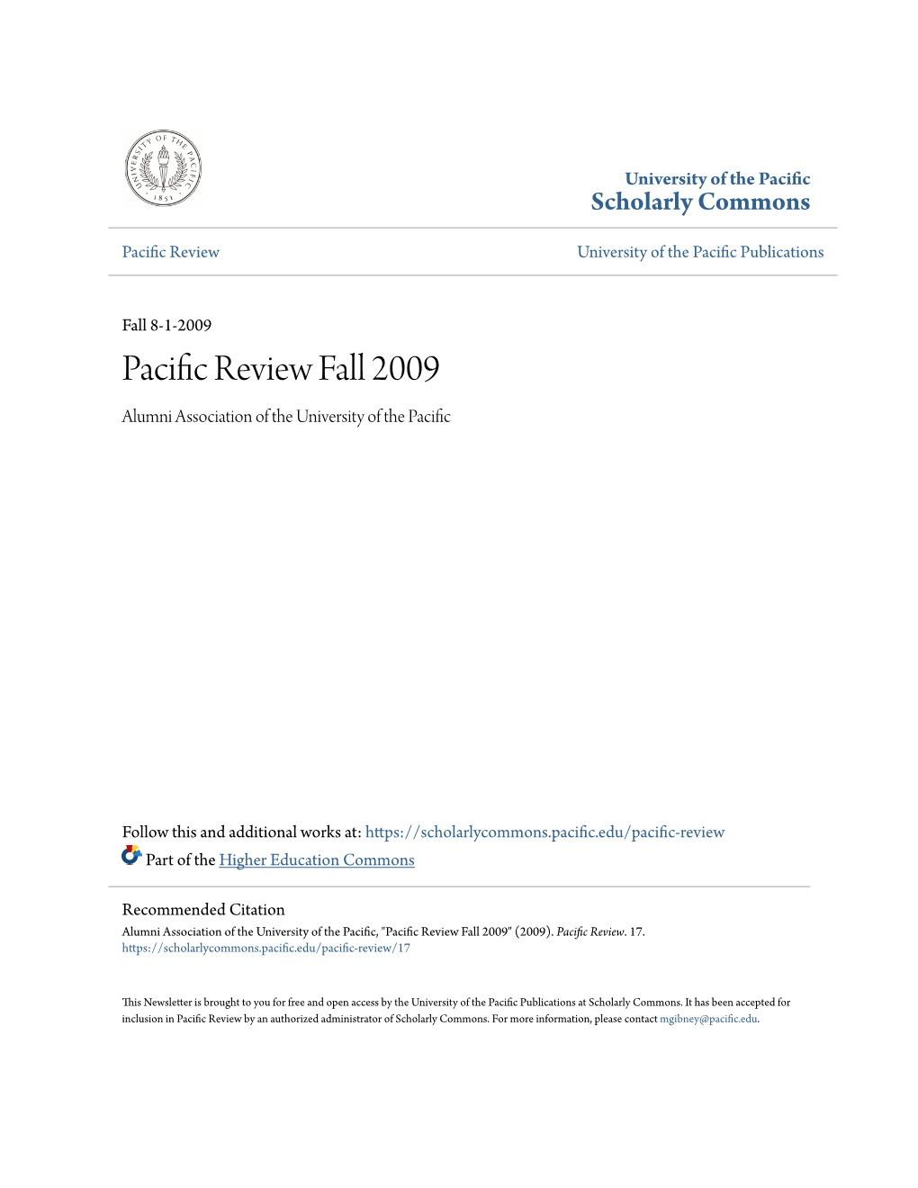Pacific Review Fall 2009 Alumni Association of the University of the Pacific