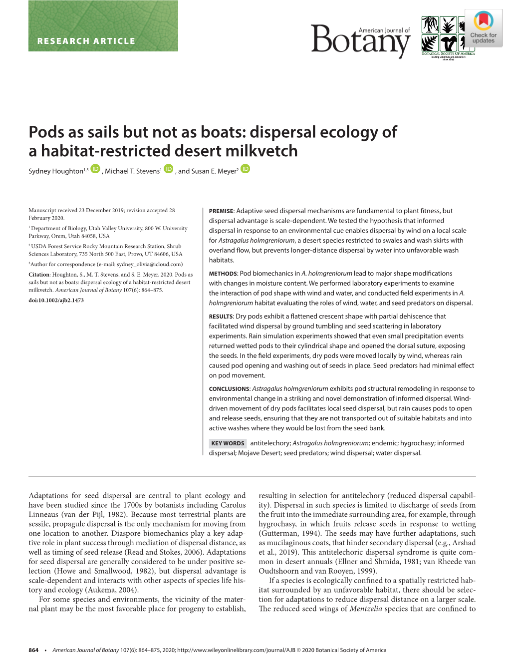 Pods As Sails but Not As Boats: Dispersal Ecology of a Habitat-Restricted Desert Milkvetch