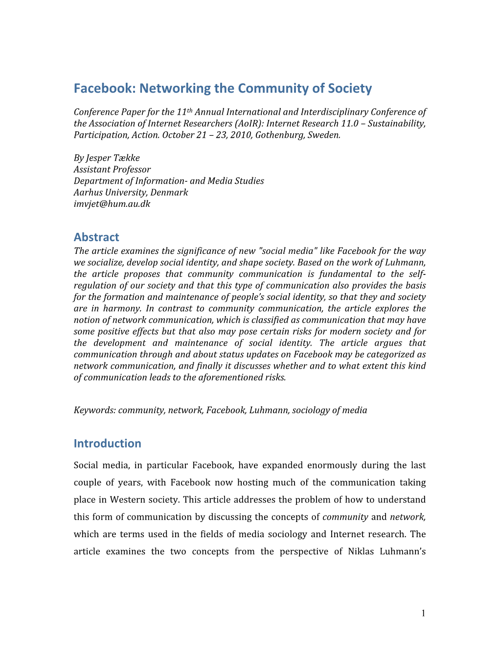 Facebook: Networking the Community of Society