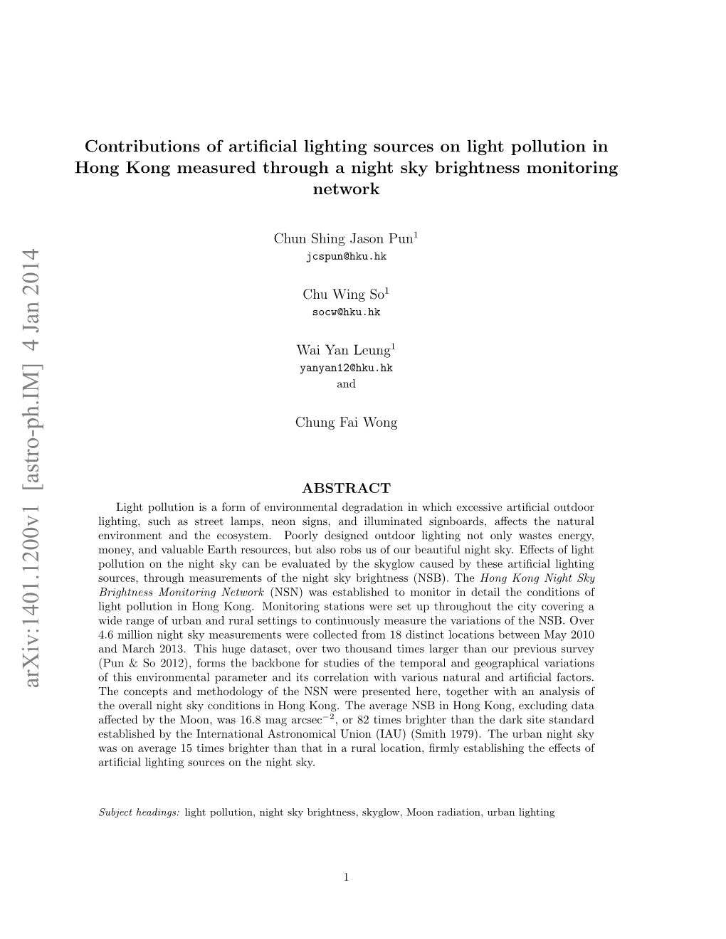 Contributions of Artificial Lighting Sources on Light Pollution in Hong