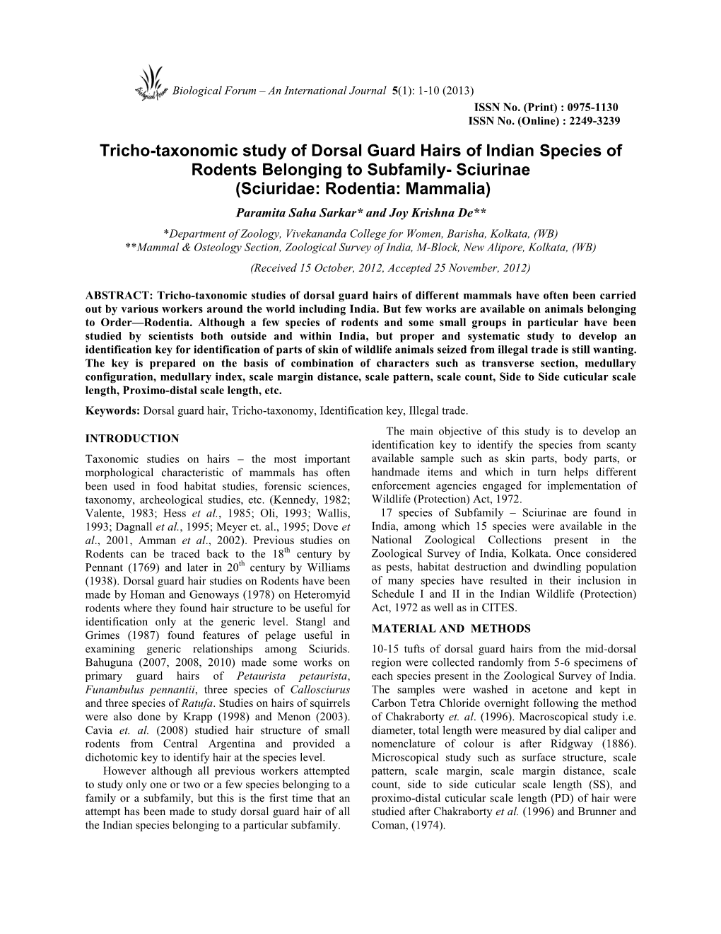 Tricho-Taxonomic Study of Dorsal Guard Hairs of Indian Species of Rodents Belonging to Subfamily- Sciurinae (Sciuridae: Rodentia