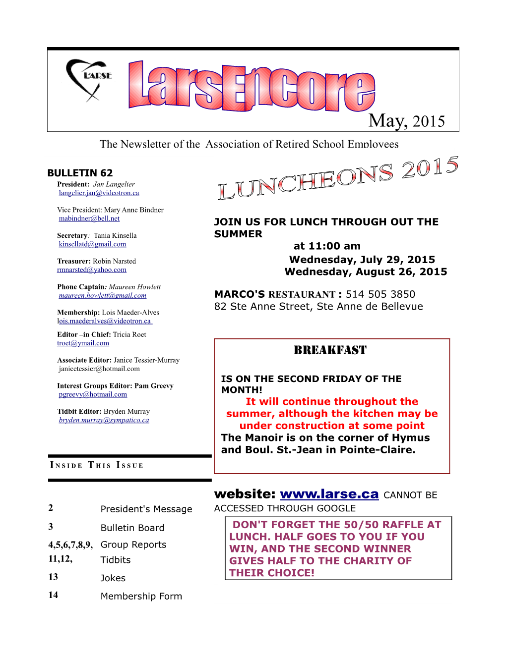 May, 2015 the Newsletter of the Association of Retired School Employees