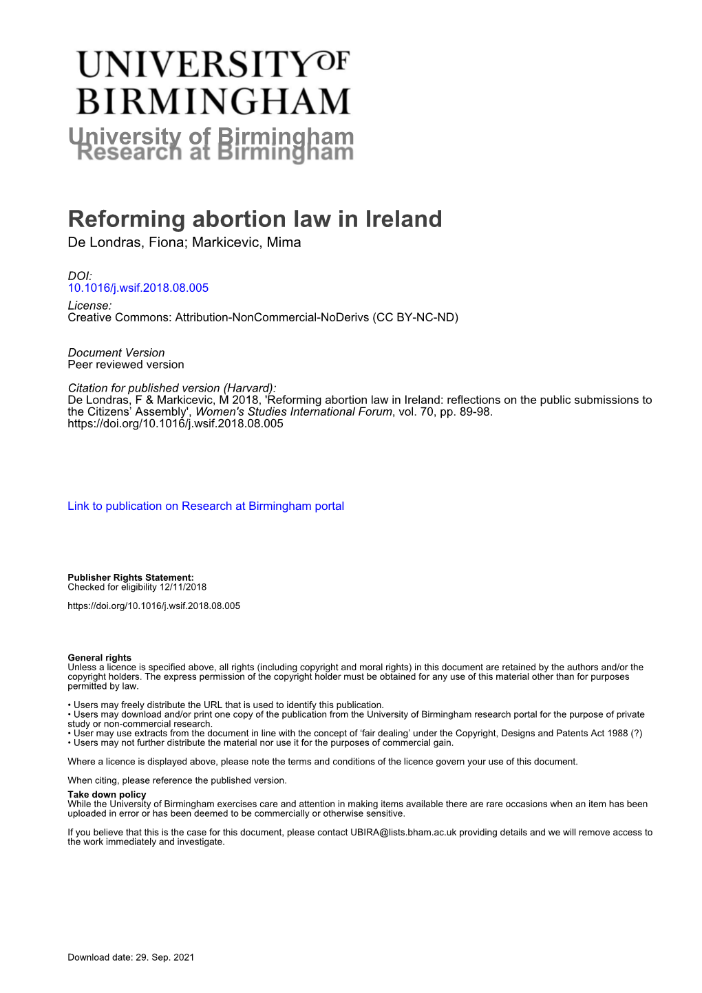 University of Birmingham Reforming Abortion Law in Ireland