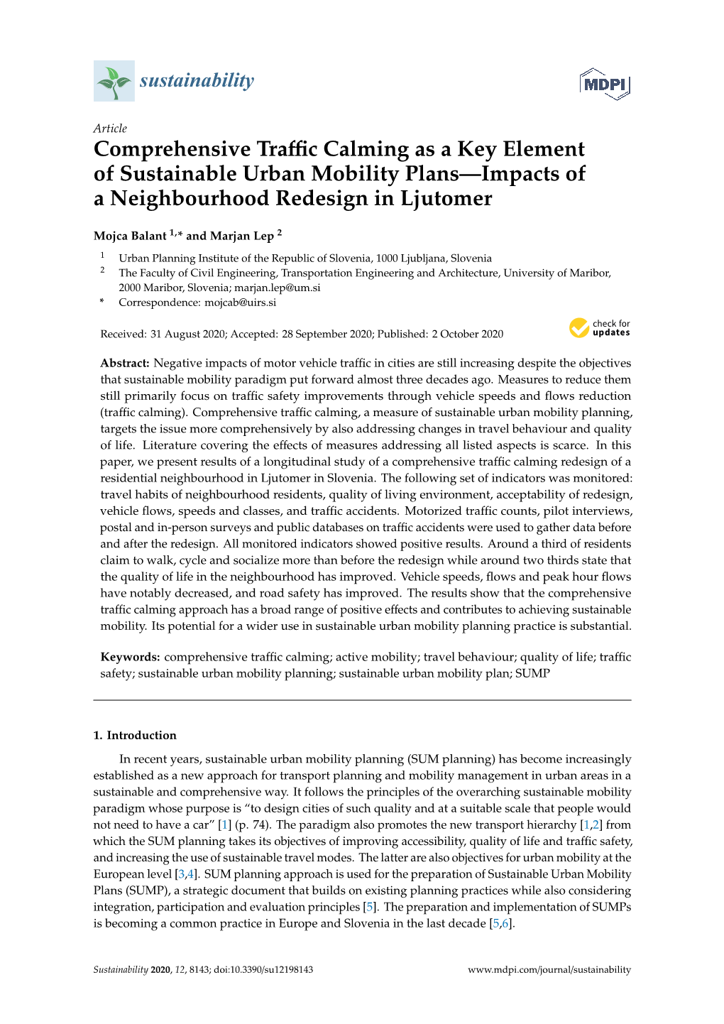 Comprehensive Traffic Calming As a Key Element of Sustainable Urban