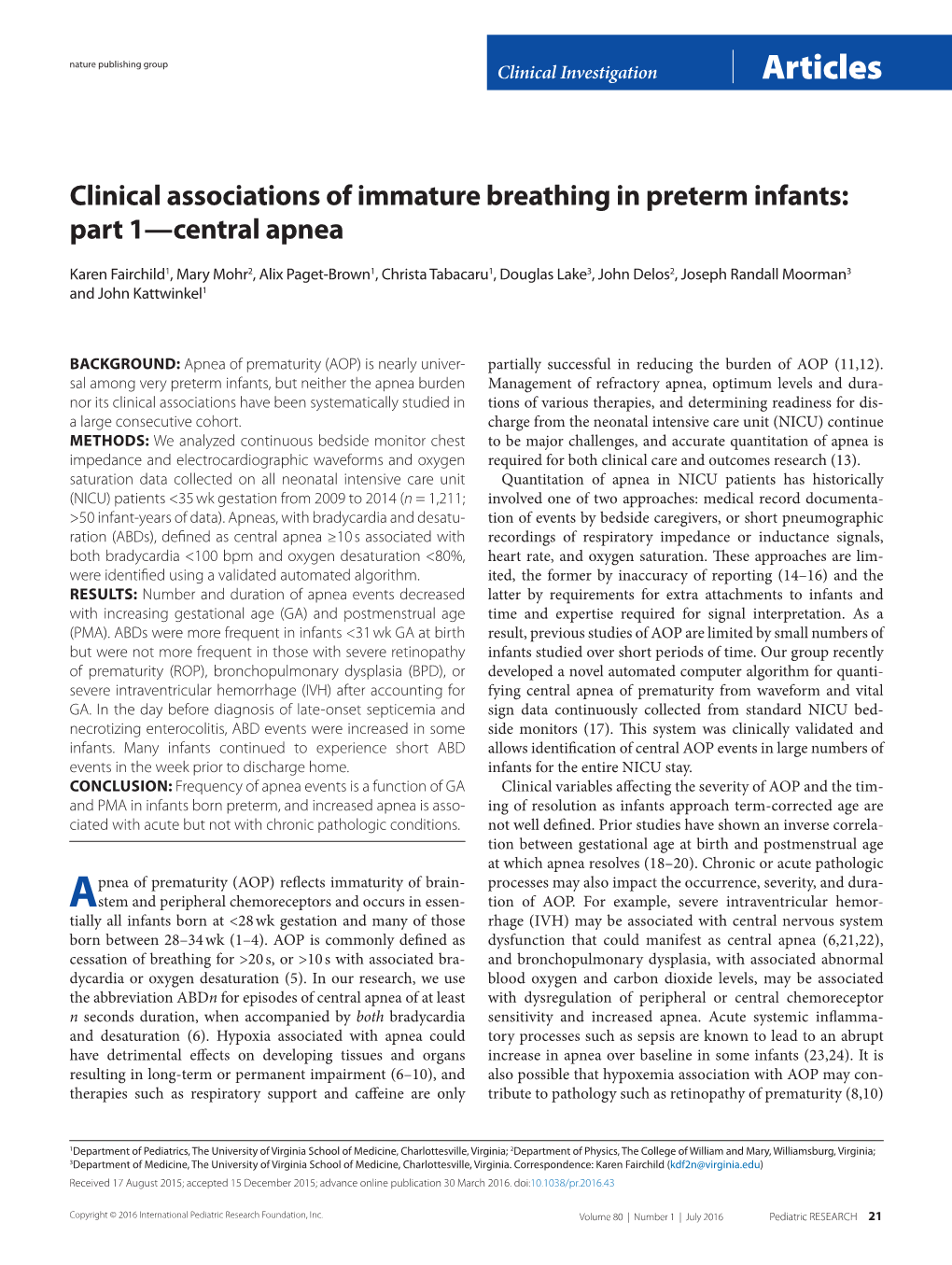 Clinical Associations of Immature Breathing in Preterm Infants: Part 1—Central Apnea