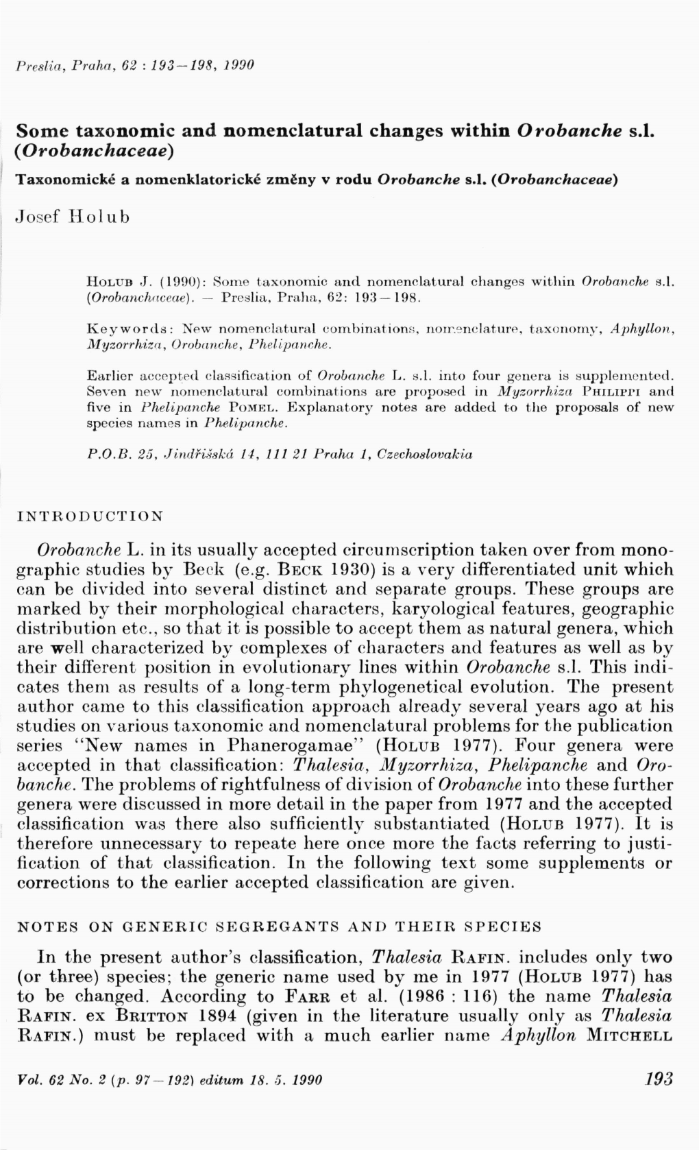 Some Taxonomic and Nomenclatural Changes Within Orobanche Sl