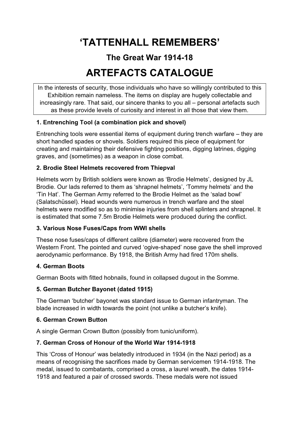 Artefacts Catalogue