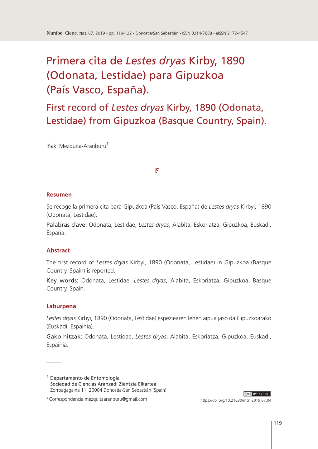 Primera Cita De Lestes Dryas Kirby, 1890 (Odonata, Lestidae) Para Gipuzkoa (País Vasco, España)