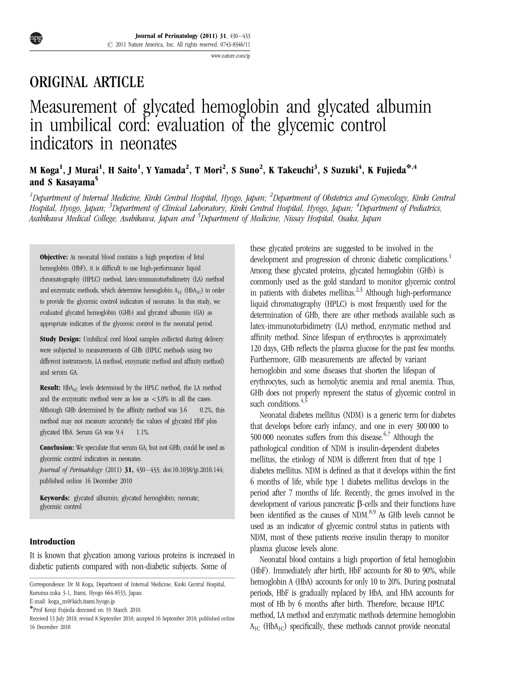 Measurement of Glycated Hemoglobin and Glycated Albumin in Umbilical Cord: Evaluation of the Glycemic Control Indicators in Neonates