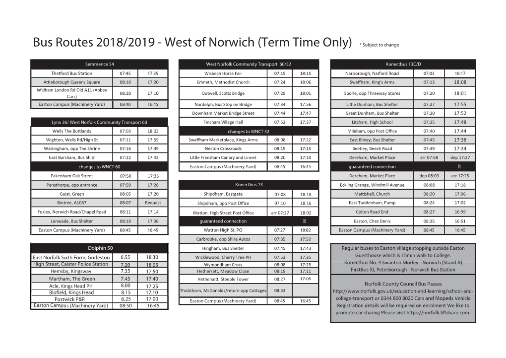 Bus Routes 2018/2019 - West of Norwich (Term Time Only) * Subject to Change