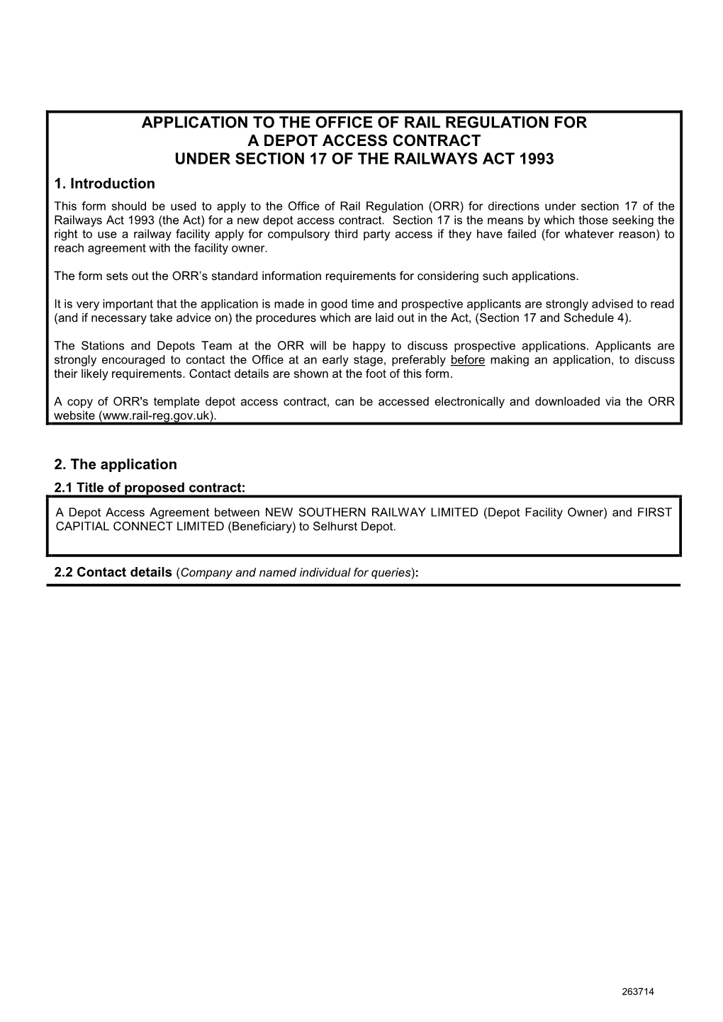 First Capital Connect Limited Section 17 Application for a Depot Access