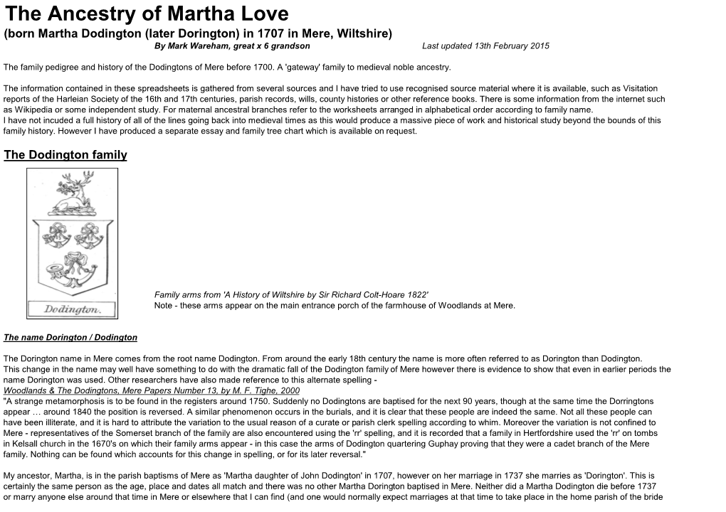 The Ancestry of Martha Love (Born Martha Dodington (Later Dorington) in 1707 in Mere, Wiltshire) by Mark Wareham, Great X 6 Grandson Last Updated 13Th February 2015