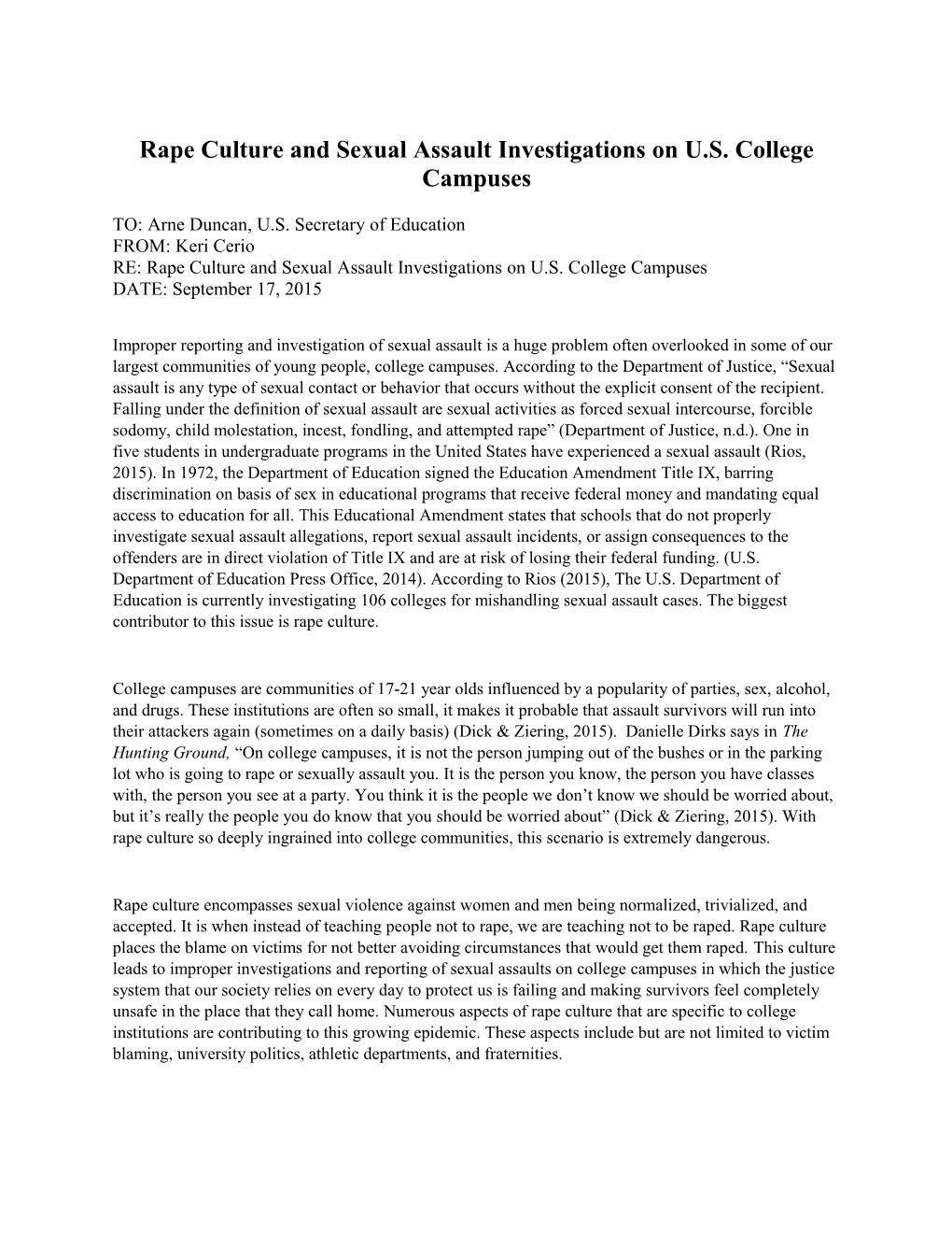 Rape Culture and Sexual Assault Investigations on U.S. College Campuses