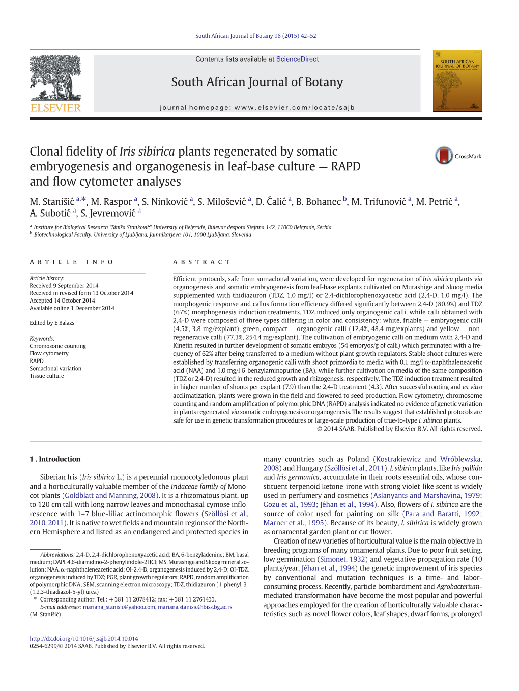 Clonal Fidelity of Iris Sibirica Plants Regenerated by Somatic