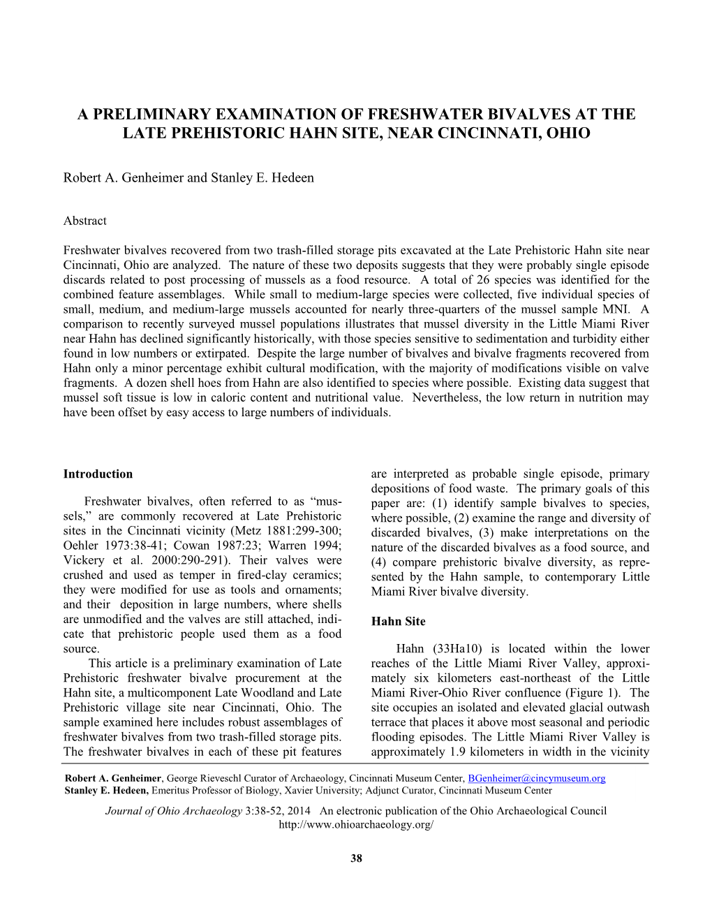 A Preliminary Examination of Freshwater Bivalves at the Late Prehistoric Hahn Site, Near Cincinnati, Ohio