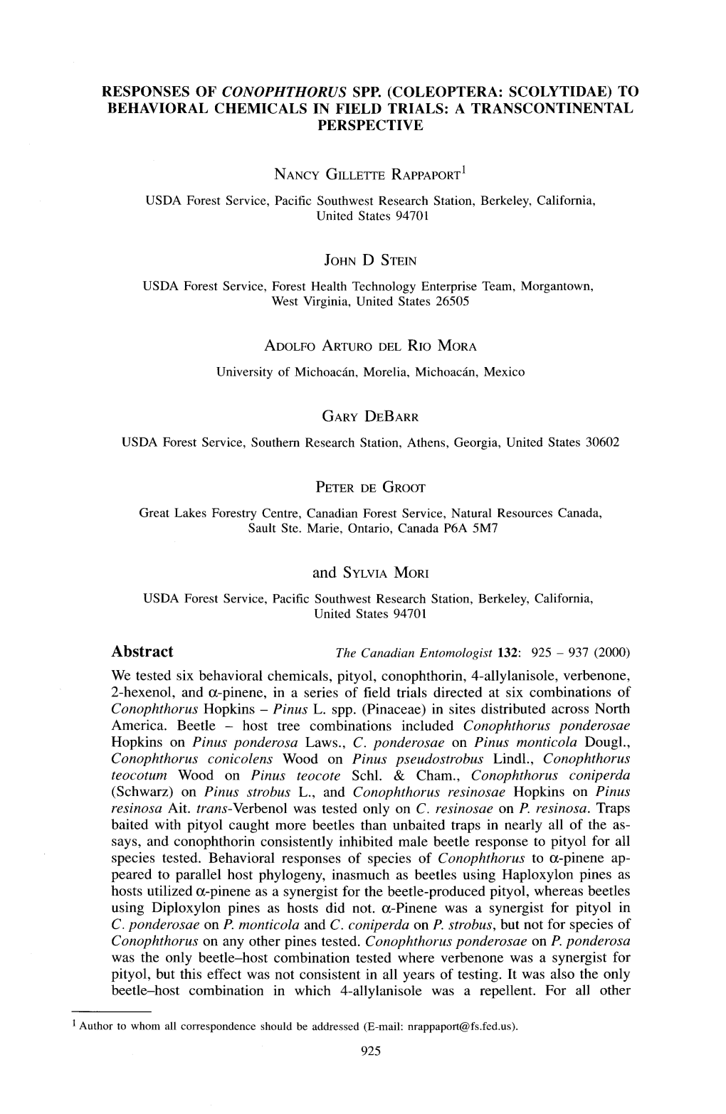 Responses of Conophthorus Spp. (Coleoptera: Scolytidae) to Behavioral Chemicals in Field Trials: a Transcontinental Perspective