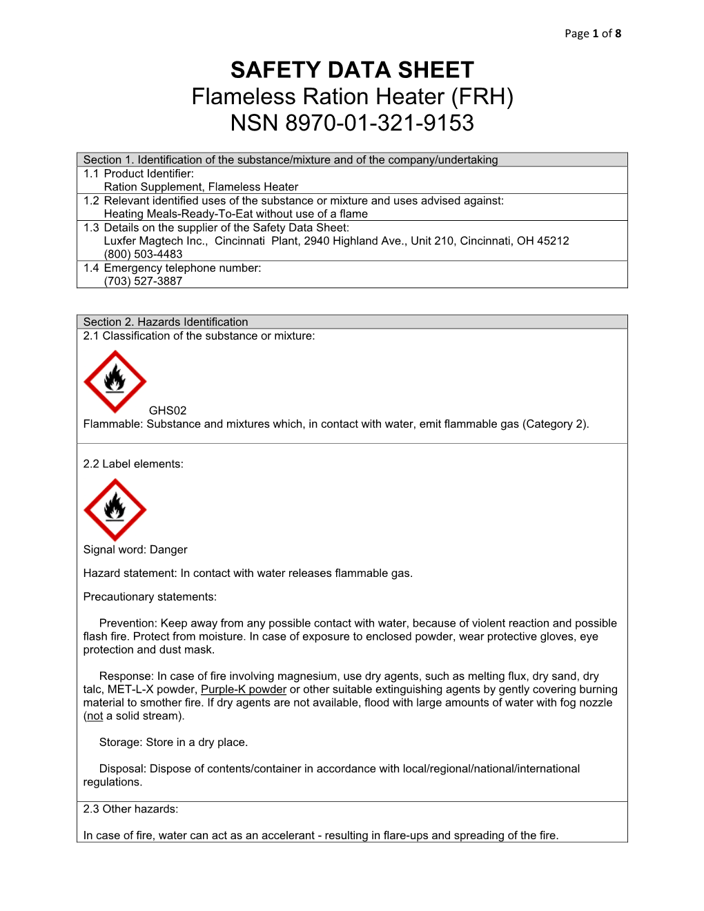 SAFETY DATA SHEET Flameless Ration Heater (FRH) NSN 8970-01-321-9153