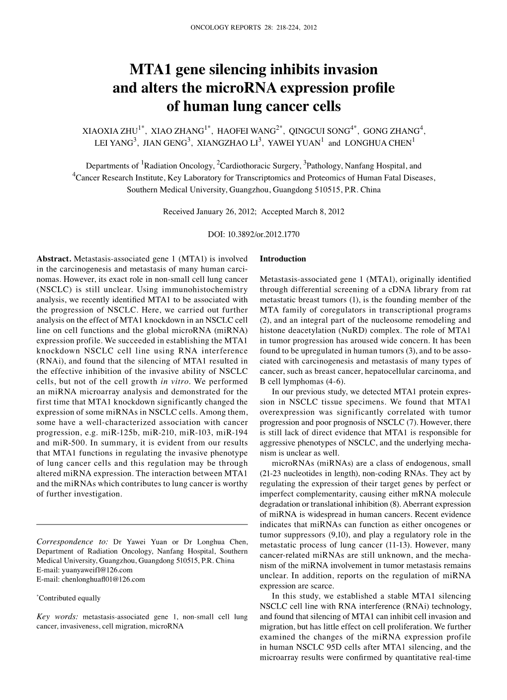 MTA1 Gene Silencing Inhibits Invasion and Alters the Microrna Expression Profile of Human Lung Cancer Cells