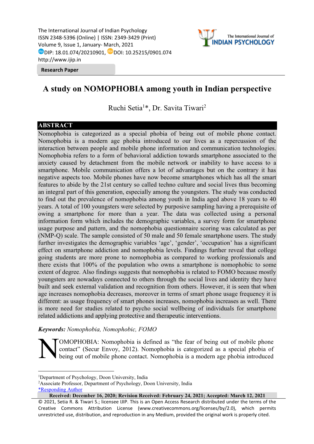A Study on NOMOPHOBIA Among Youth in Indian Perspective